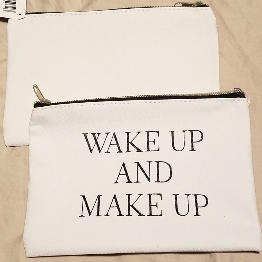 NWT White Vinyl Zip Makeup Bag "Wake Up And Make Up"